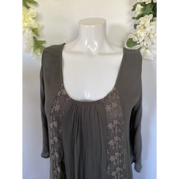 World Market Grey Mini Flare Dress Tunic Women S/M Lace Accents Long Sleeve Vtg - Picture 5 of 16